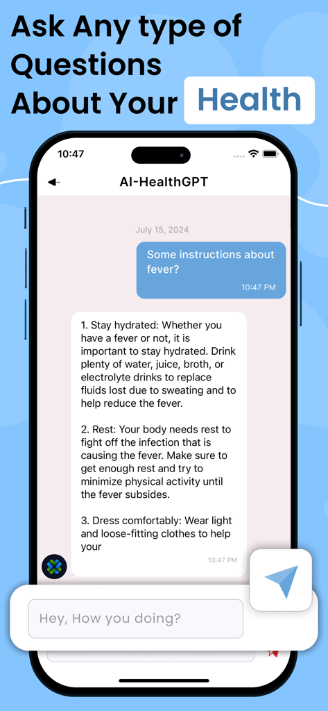 Mobile chat interface of Chatbot AI Healthcare providing medical advice for fever symptoms