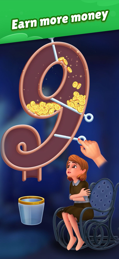 Home Pin 3: Homeless Adventure - A woman sitting in a rocking chair during a pull the pin puzzle to earn gold coins