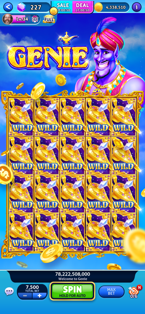 Jackpot Madness Slots Casino - Jackpot Madness Genie themed slots screen with a full grid of Wild symbols and a huge coin win