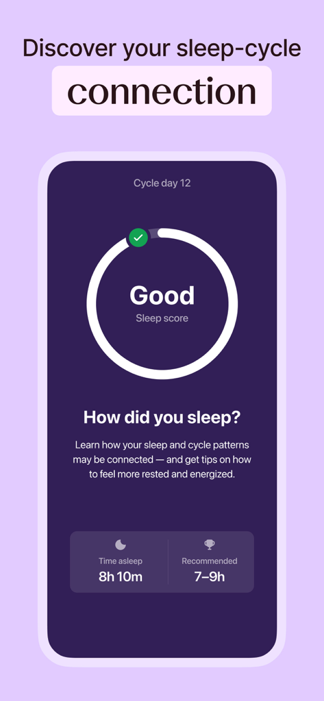 Flo app screen displaying sleep score and its connection to the menstrual cycle