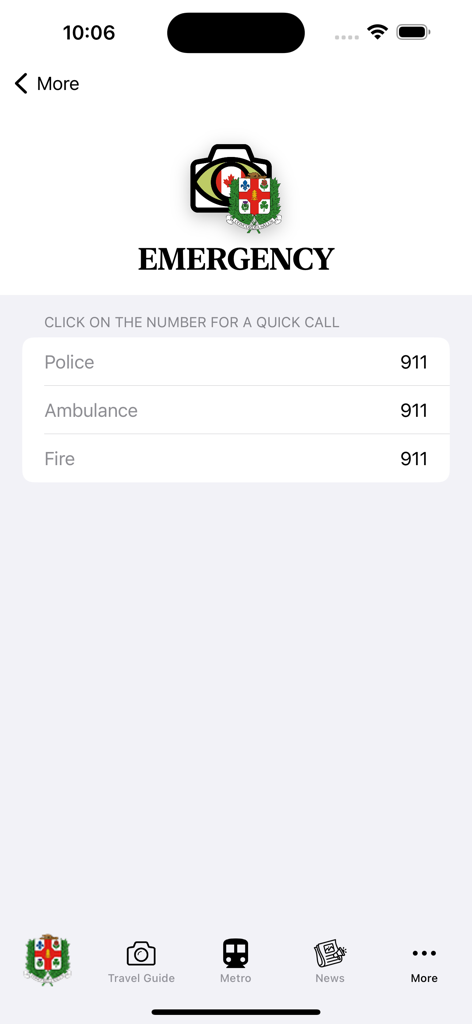 경찰, 구급차, 소방 서비스에 대한 빠른 통화 옵션을 보여주는 몬트리올 여행 가이드 앱의 비상 연락처 화면