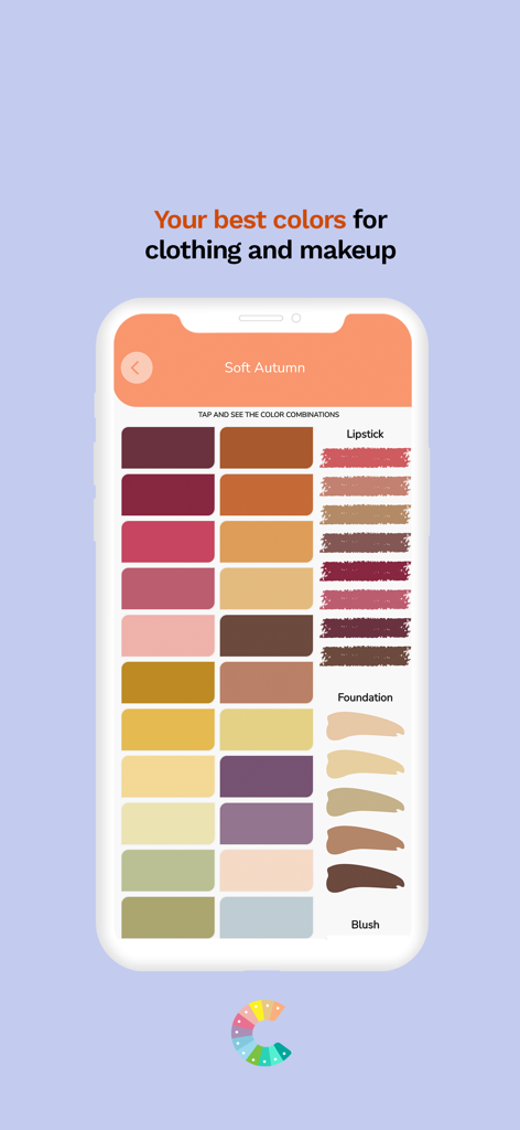 ColorApp interface displaying a soft autumn personal color palette for clothing and makeup suggestions.