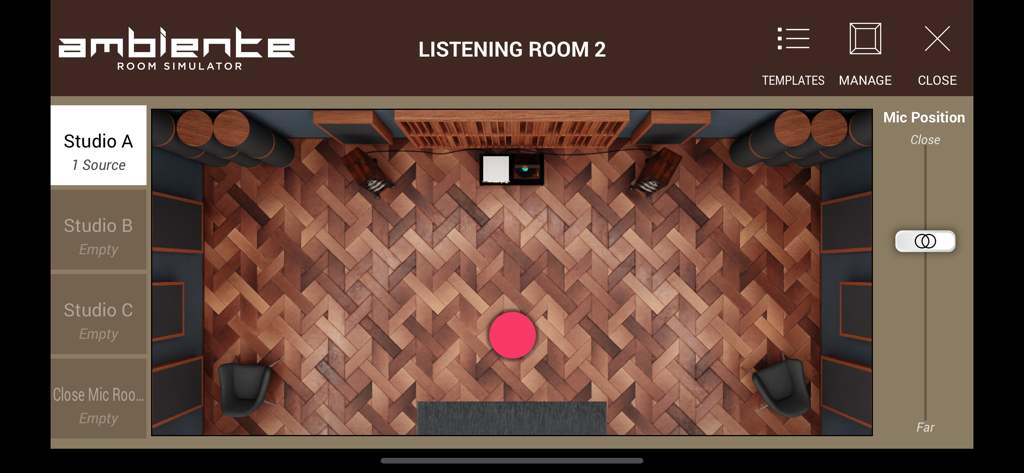 SWAM Bass Tuba - Vista cenital de la interfaz del Simulador de Sala Ambiente en SWAM Bass Tuba mostrando la posición del instrumento en un estudio acústico virtual