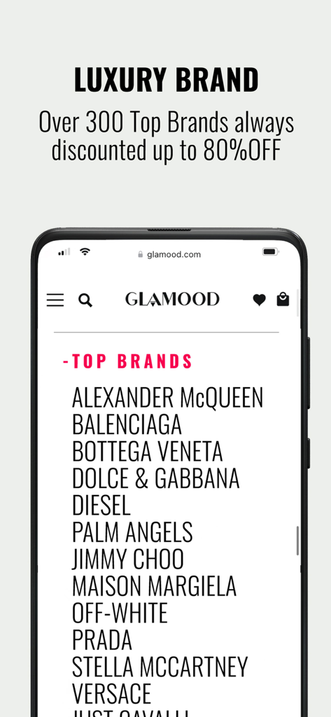 Glamood - Glamood mobile app interface showing a list of luxury designer brands including Prada and Balenciaga with discounts up to 80 percent off