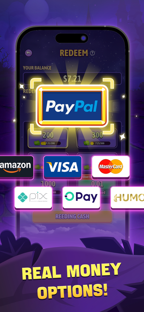 A mobile screen from the game Magical Gems showing real money withdrawal options like PayPal Amazon and Visa cards
