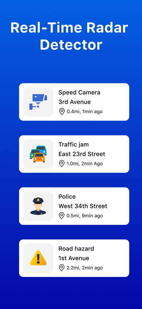 Radar Map, Radar Detector, HUD - Interfaz de aplicación de detector de radar y tráfico en tiempo real que muestra alertas de cámaras de velocidad, atascos y presencia policial.