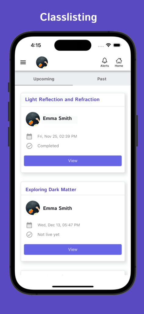 MeritHub - MeritHub app screen displaying a list of upcoming educational classes with titles dates and status