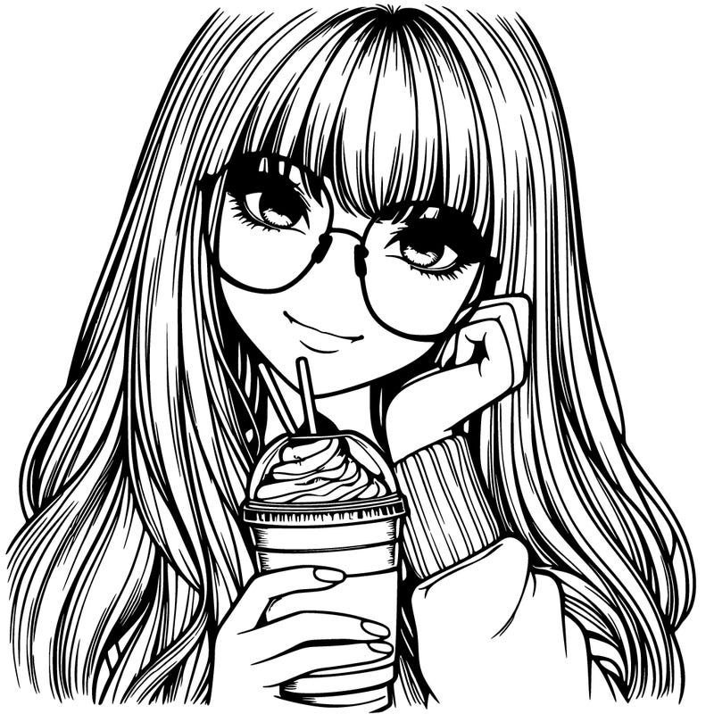 realistic girl with long bangs hair and glasses holding a macchiato
