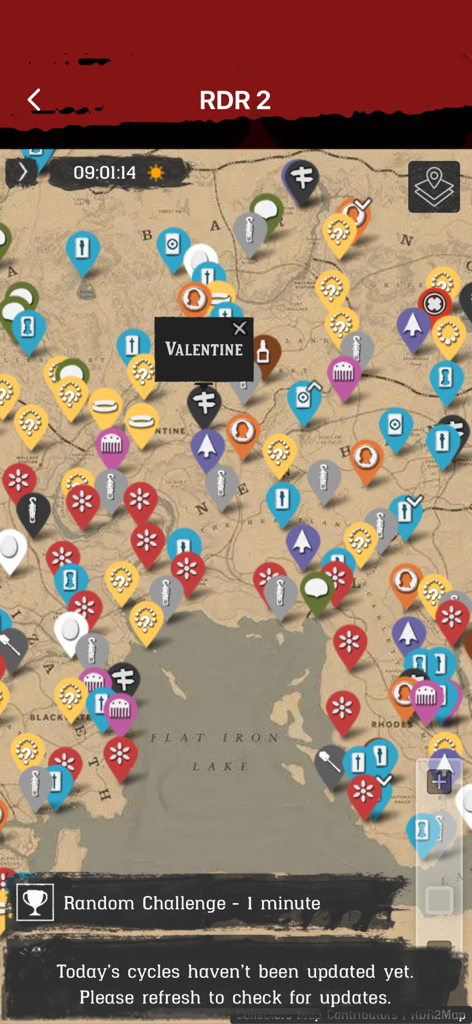 An interactive map for Red Dead Redemption 2 showing various collectible markers and pins across the game world.