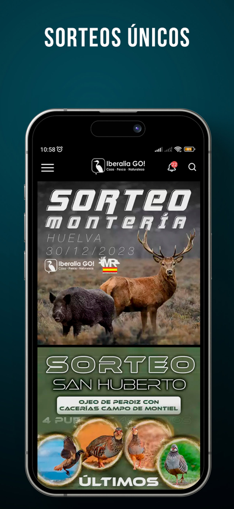 Captura de pantalla de la app Iberalia GO mostrando sorteos y rifas de caza para eventos de Montería y San Huberto.