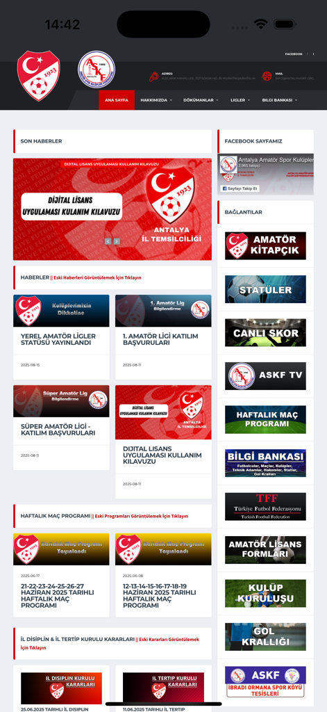 Antalya ASKF - Interfaz de la aplicación Antalya ASKF que muestra noticias deportivas y horarios de partidos