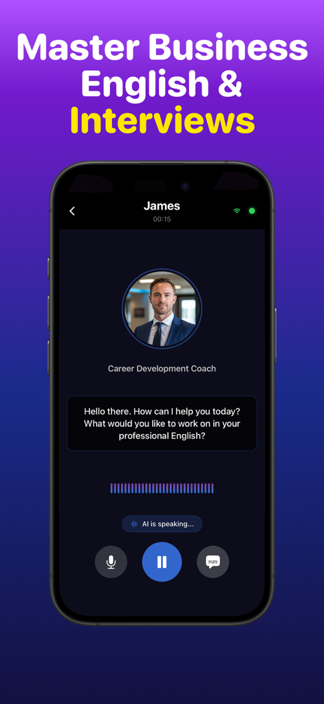 AI Speak English - Practice Me - Interfaz de aplicación móvil para practicar inglés de negocios y entrevistas de trabajo con un coach de carrera de IA.