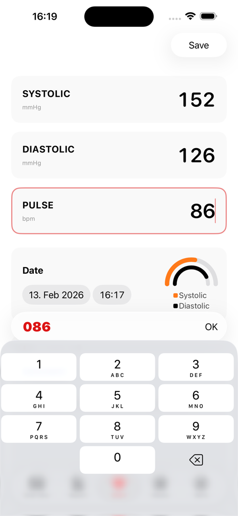 Interfaccia dell'applicazione mobile per l'inserimento delle letture di pressione sanguigna sistolica, diastolica e del polso con tastierino numerico