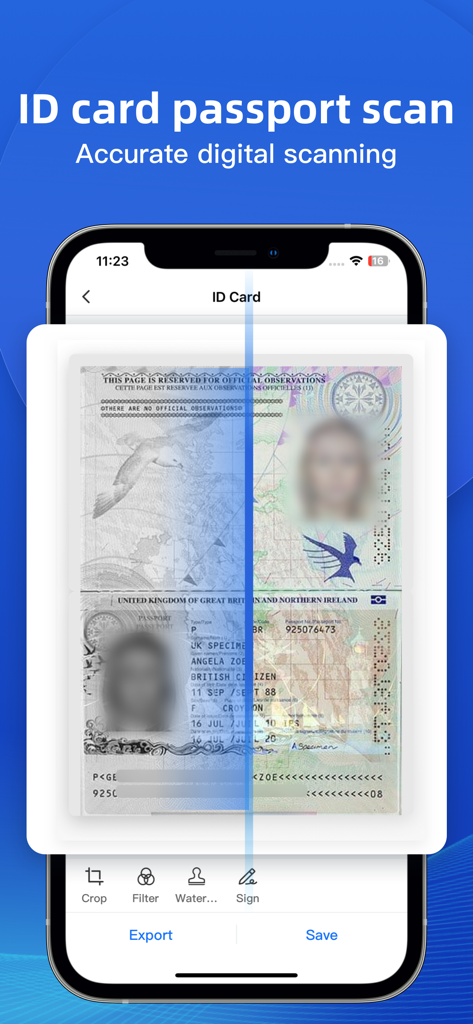 Doc Scan：OCR and PDF Scanner - Doc Scan app screen displaying the ID card and passport scanning feature with options to crop and sign