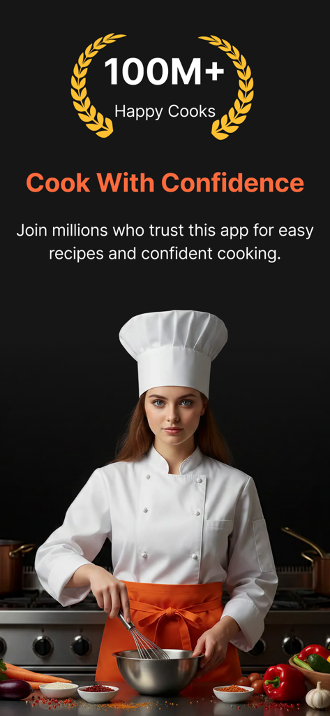 allrecipes ® - Un chef profesional batiendo un bol en una cocina con el texto Cocina con confianza