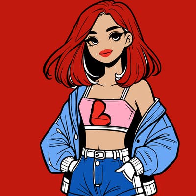 a realistic girl with a crop top and short shorts in an open jacket