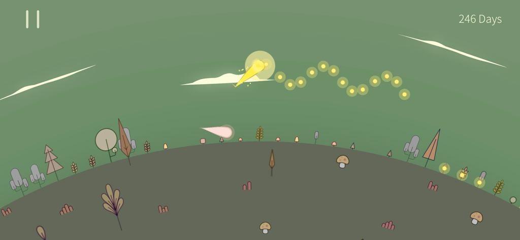 The Kreator - Minimalist landscape with a glowing light trail and stylized trees in The Kreator game.