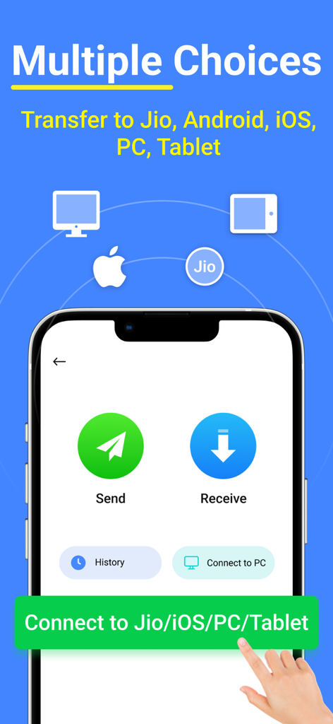 InShare - File Sharing - InShare app screen showing send and receive options for cross-platform file transfer between iOS, Android, PC, and Tablet