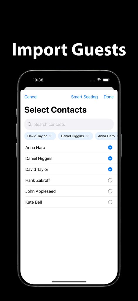 Interfaz de iPhone para seleccionar e importar invitados desde contactos a la aplicación Seat Maker