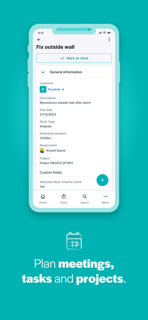 Teamleader Focus - La aplicación móvil Teamleader Focus mostrando detalles de tareas para reparar una pared exterior con información del cliente y fechas de vencimiento.