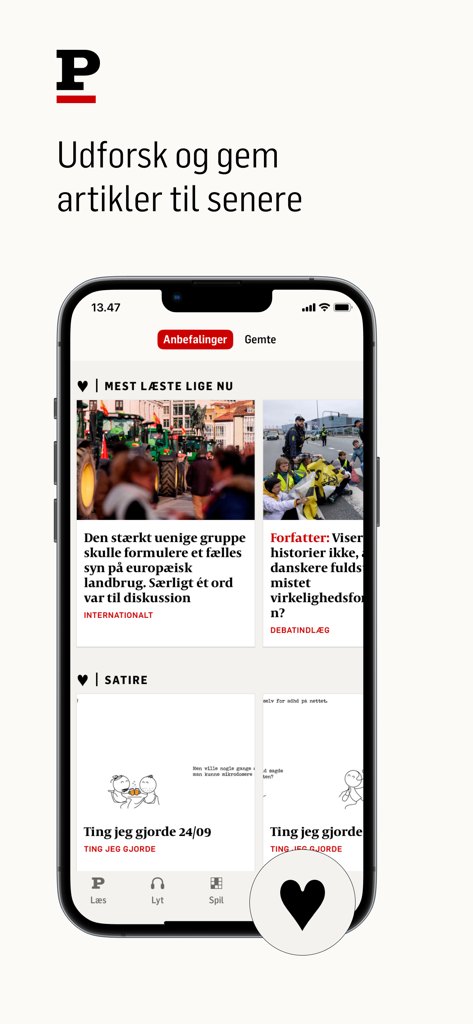 Interface do aplicativo de notícias Politiken mostrando artigos recomendados e um recurso para salvar para mais tarde.