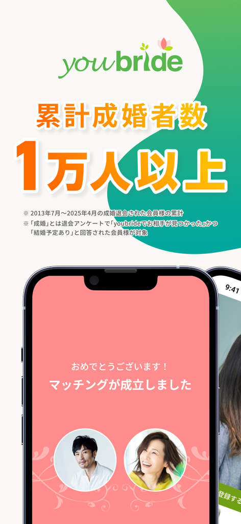 婚活アプリ ユーブライド -出会い/婚活/マッチングアプリ - youbride結婚活動アプリのマッチング成功通知と10,000以上の結婚という主張を示すスクリーンショット