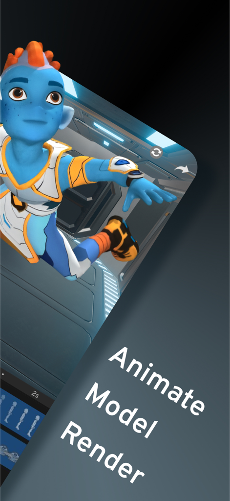 3D-Charakter-Animations- und Modellierungsoberfläche in der Prisma3D-Mobil-App