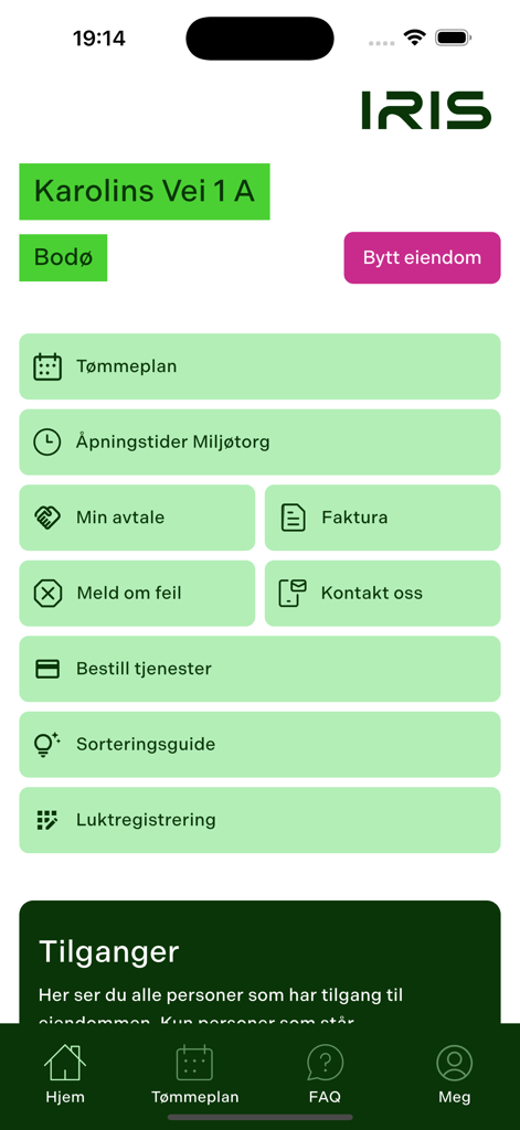 IRIS - Home screen of the IRIS waste management app showing service options like collection schedule and recycling center hours