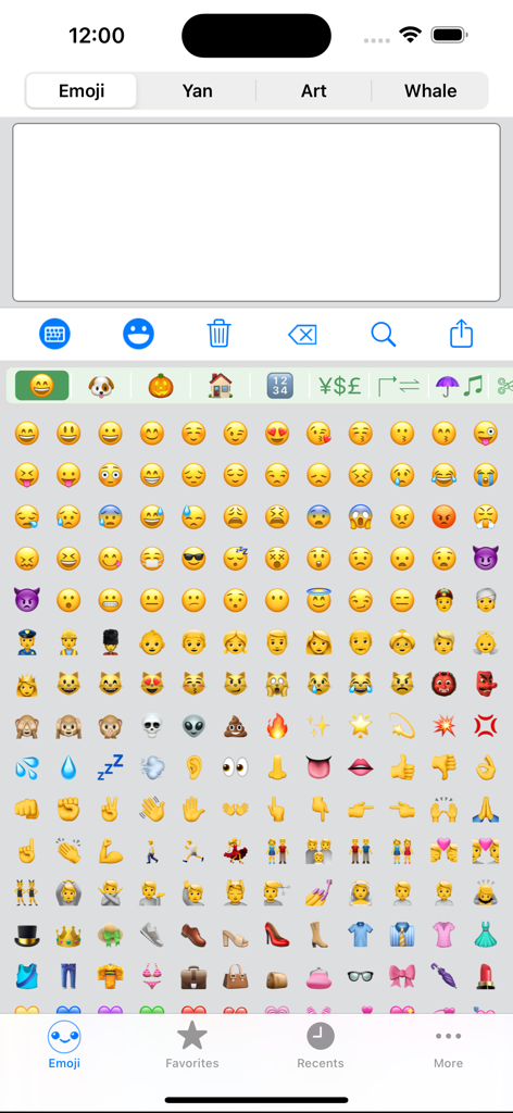 Emoji Keyboard Emoticons - La interfaz de selección de la aplicación Teclado Emoji Emoticonos mostrando una cuadrícula de varios emojis y símbolos.