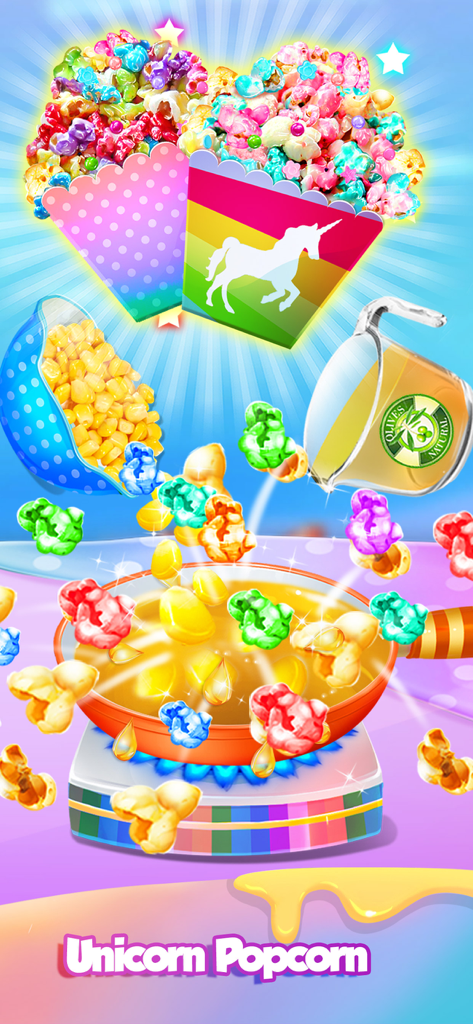 Carnival Unicorn Fair Food - Making colorful rainbow popcorn in a unicorn themed cooking game.