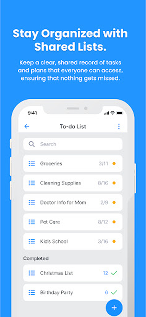 Smartphone screen showing shared family to-do lists in the WeParent app