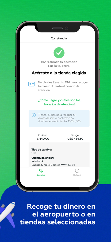 Pantalla de confirmación de una transacción de cambio de divisa exitosa en la app Cambio de Divisas Interbank que muestra instrucciones de recogida de efectivo.