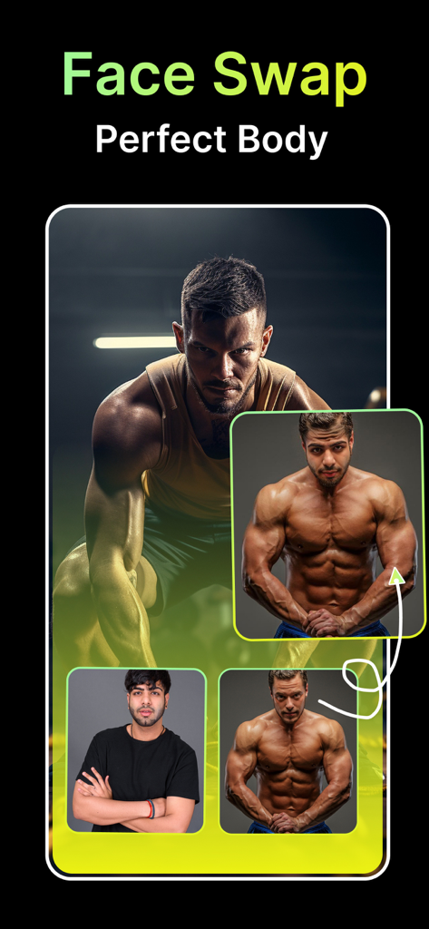 AI Photo and Video Generator - KI-Face-Swap-Funktion, die ein Benutzerporträt auf einen muskulösen Körper überträgt