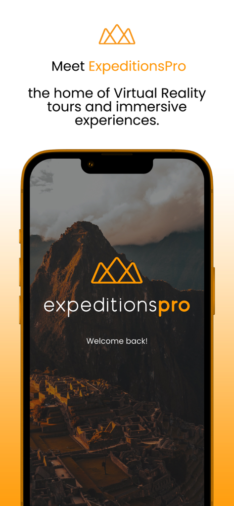 Expeditions Pro - Expeditions Pro app welcome screen showing an immersive virtual reality tour of Machu Picchu on a smartphone.