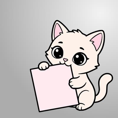 a small cat with a blank sheet of paper in its hand. the cat is sooooooo cute!