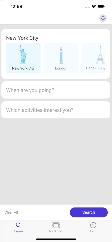 Search screen of the TopView Sightseeing app for booking tours in New York City London and Paris