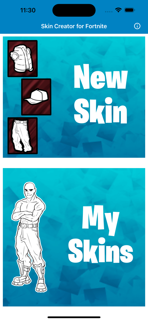 Main menu of the Skin Creator for Fortnite app showing options to create a new skin or view saved skins.