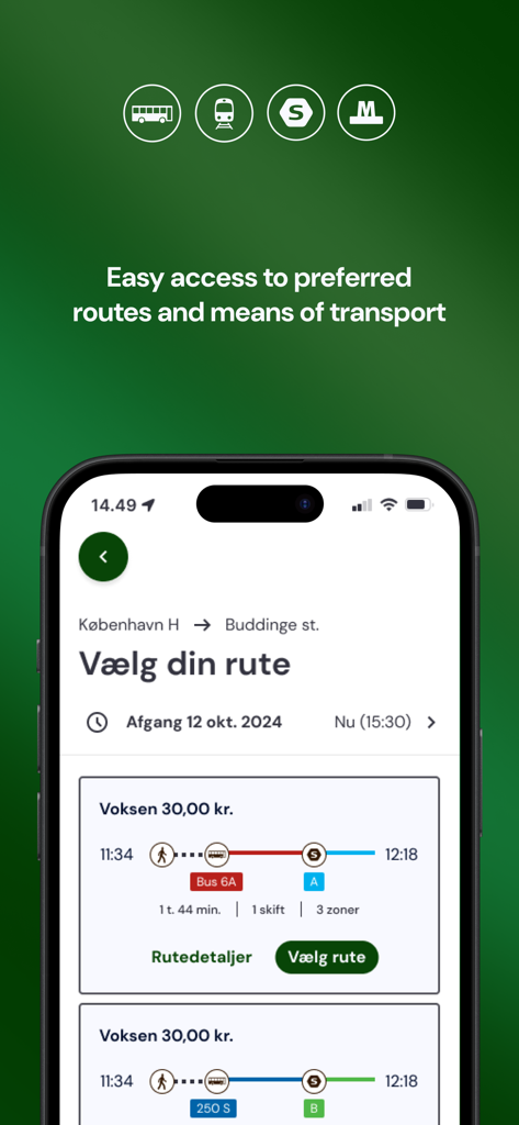 Mobile app interface showing public transport route options and prices from Copenhagen Central Station to Buddinge