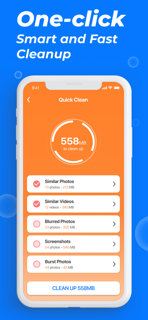 Phone Cleanerアプリのクイッククリーニングインターフェース。類似写真や動画の削除オプションを表示。