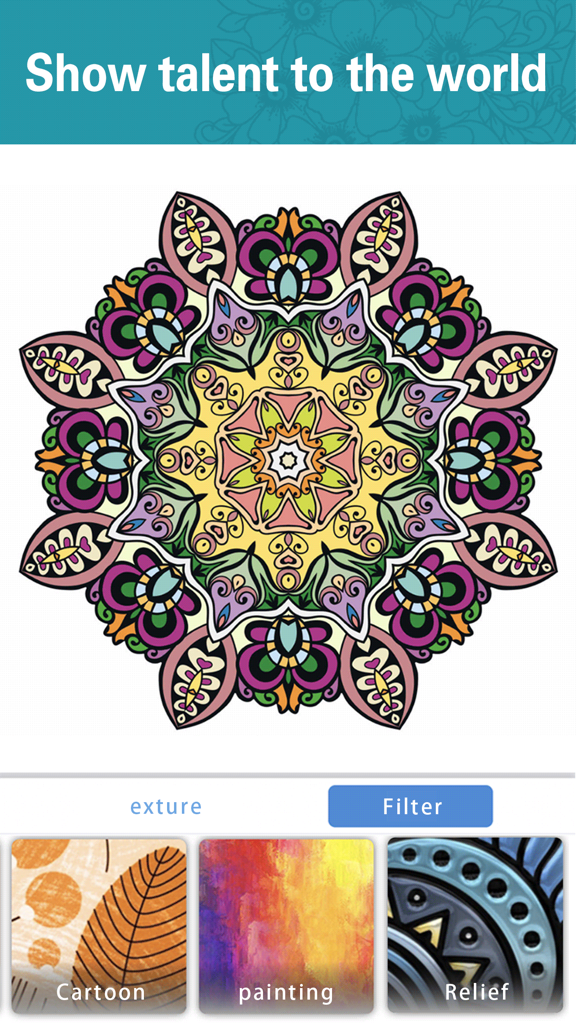 Colors-Recolor Book Colorfy - Un mandala de colores vibrantes en la interfaz de la aplicación Colors-Recolor Book que presenta opciones de filtros artísticos como Dibujo Animado y Pintura.