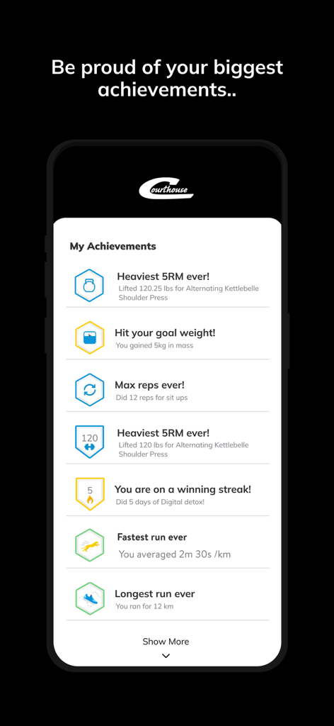 Courthouse Clubs - A mobile screen from the Courthouse Clubs app showing personal fitness achievements such as weightlifting records and running goals.