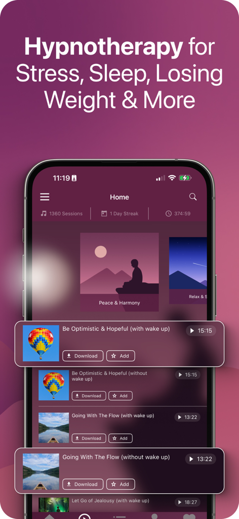 Harmony Self Hypnosis - Harmony Self Hypnosis app interface showing a list of hypnotherapy sessions for sleep and stress