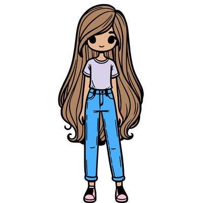 girl with long hair jeans and tshirt
