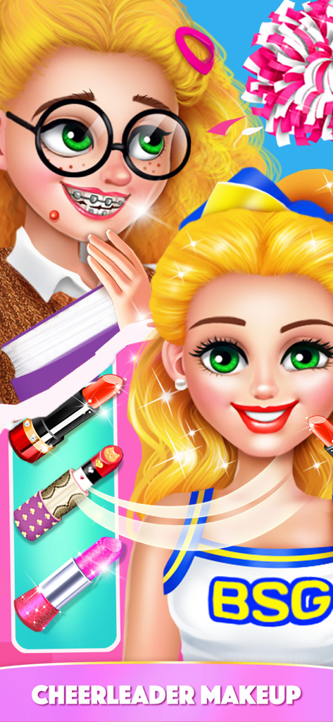 Girl Games: Dress Up Makeover - Before and after cheerleader makeup transformation in a dress up game