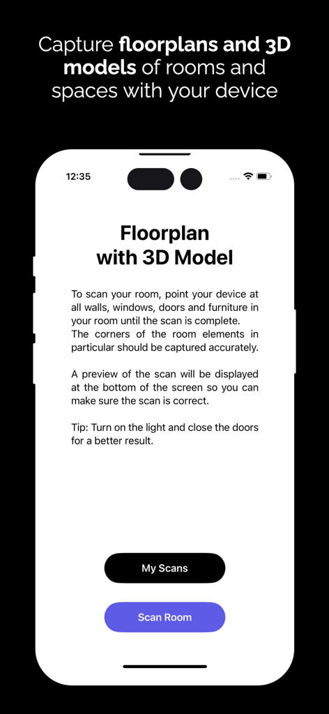 iPhone screen displaying the Floorplan 3D app with instructions for scanning a room to create a 3D model.