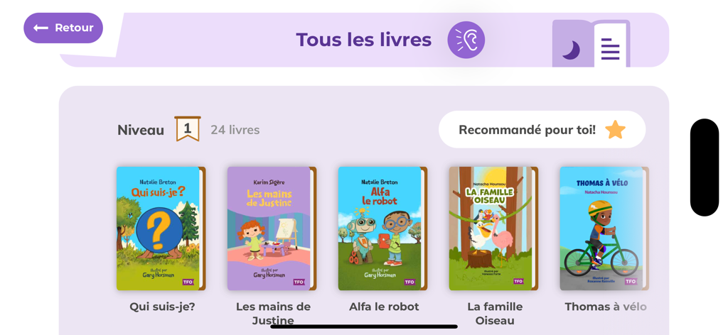 Boukili - Boukili app screen displaying a collection of French illustrated books for Level 1 readers