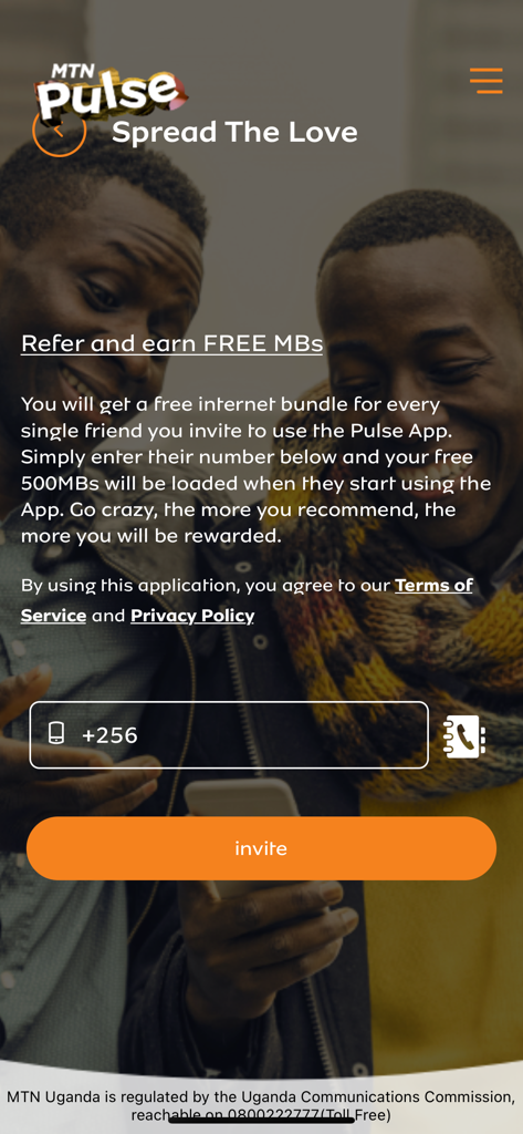 MTN Pulse Uganda app referral screen showing how to earn free internet bundles by inviting friends