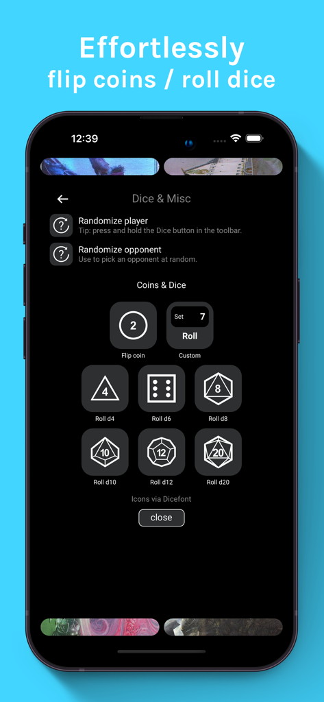 Lifetap Life Counter for MTG - Lifetap app screen showing digital dice and coin flip options for Magic The Gathering games