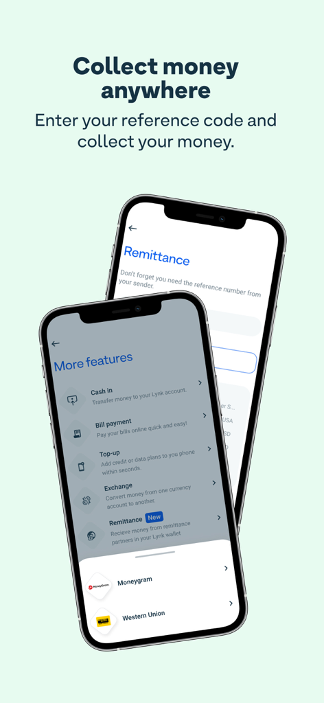 Lynk - Digital Payments - Lynk app screen showing how to collect remittance money using a reference code