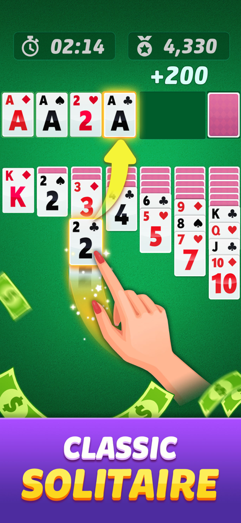 Solitaire Win Cash - Classic Solitaire gameplay featuring large print cards and falling cash rewards